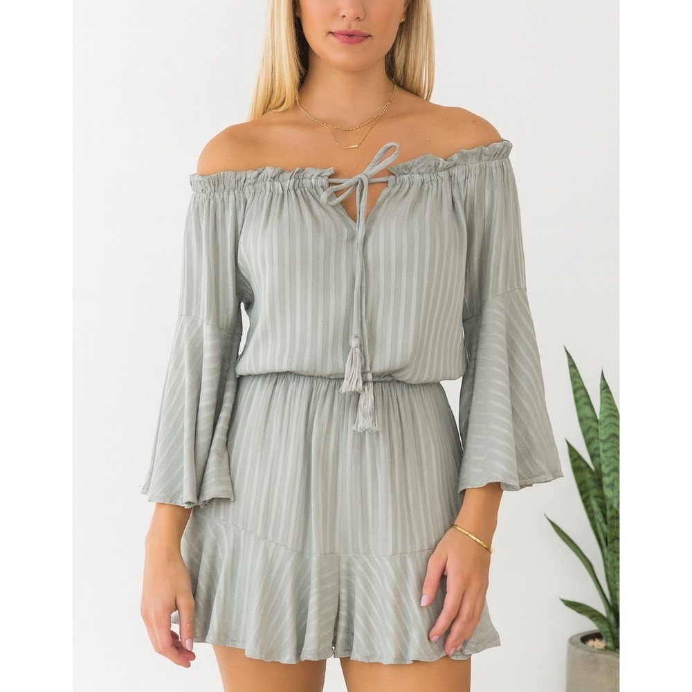 Blue B Romper Green Boho Cottage core Sz Lg Stretch Flowy NWT‎ Tassels Stripped